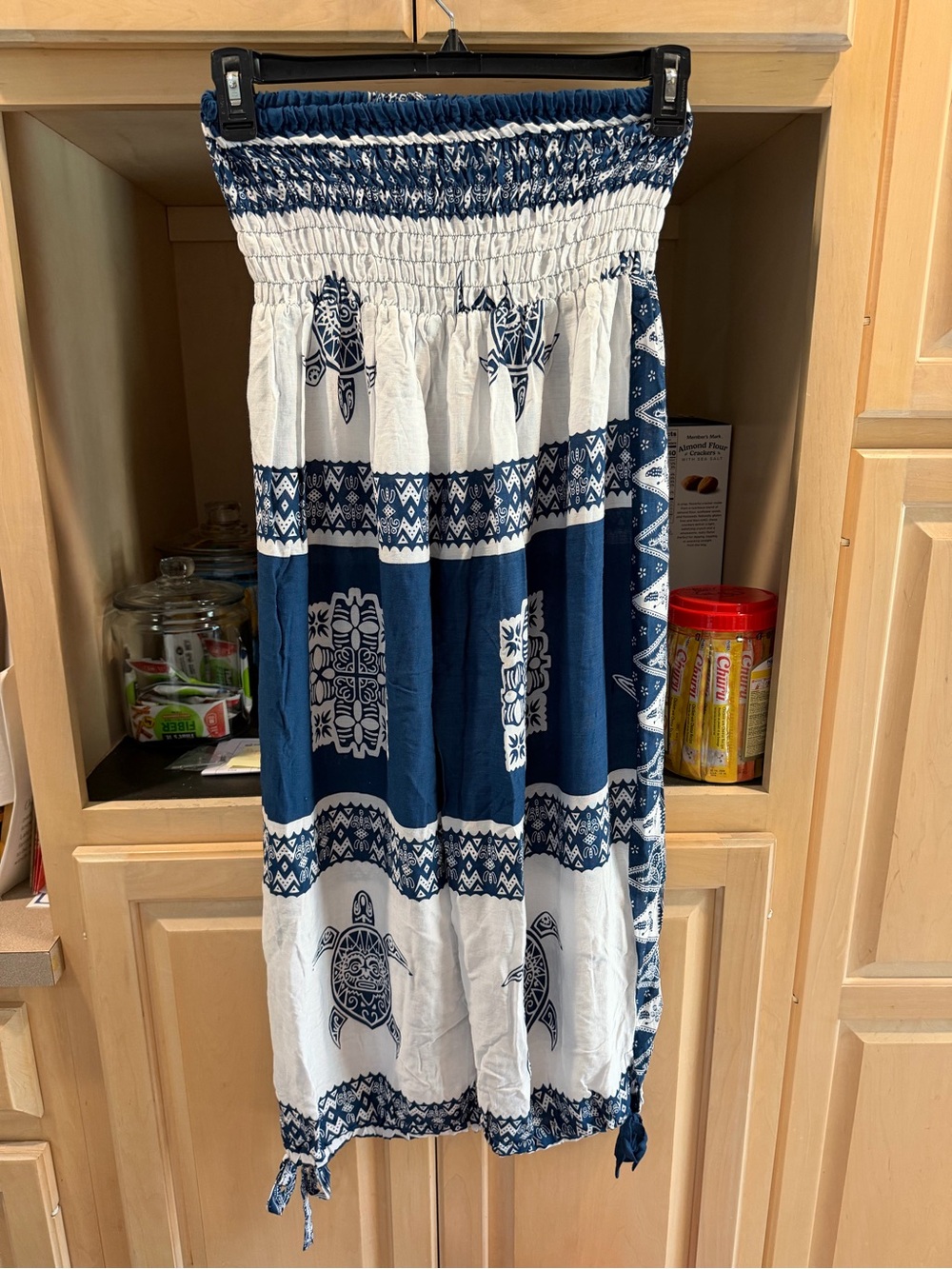Blue and White Turtle Smocked Elastic Waist Beach Pants OSFM